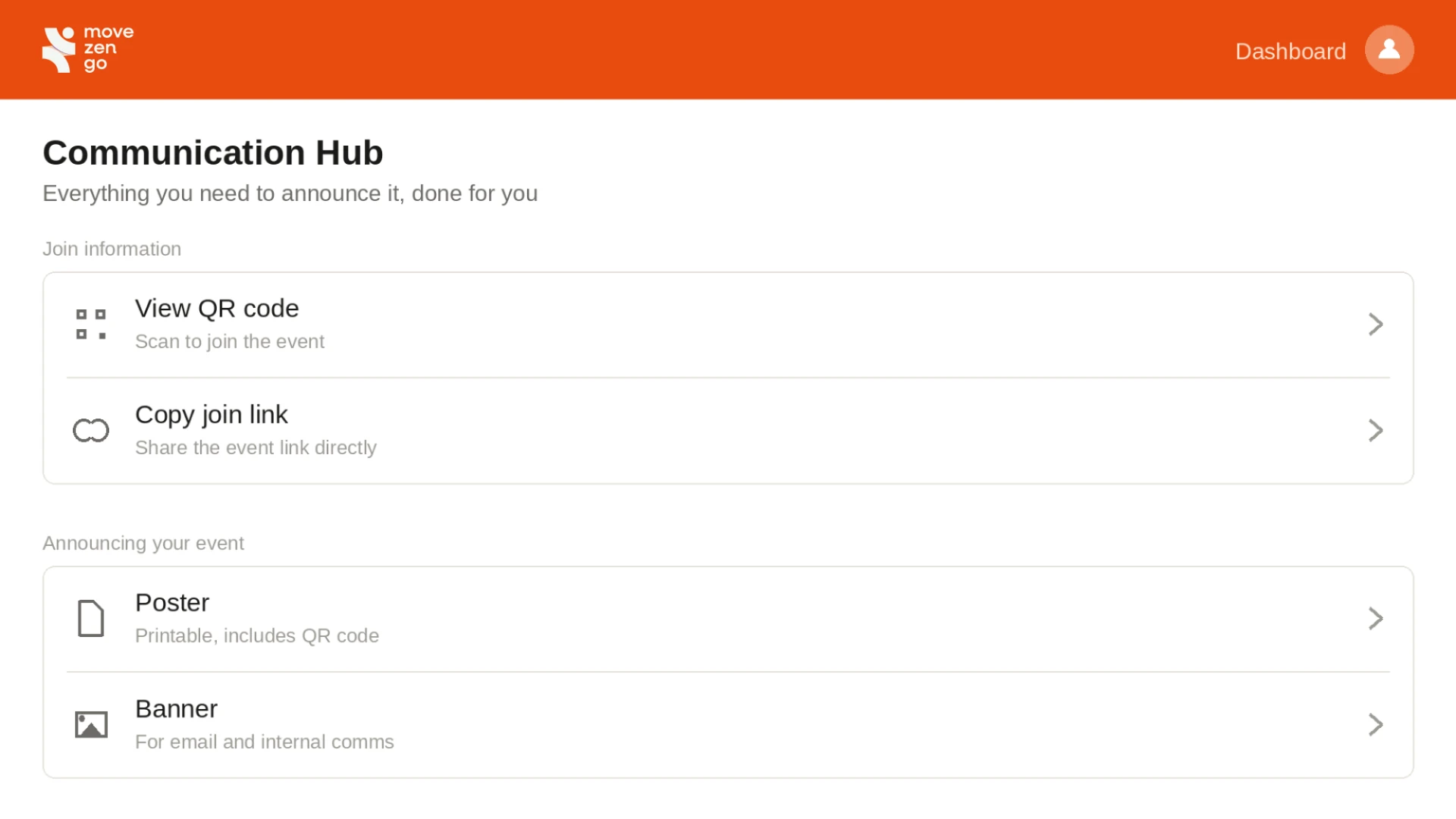 Admin panel showing communication hub with QR code, poster and banner tools