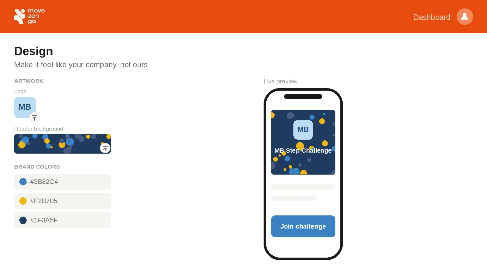 Admin panel showing live design preview and brand color settings