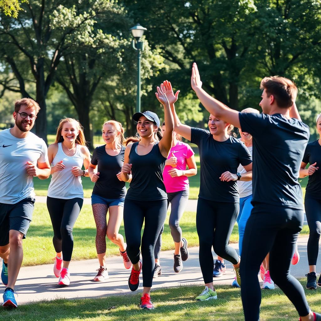 Colleagues celebrating together during a workplace fitness challenge with the MoveZenGo app