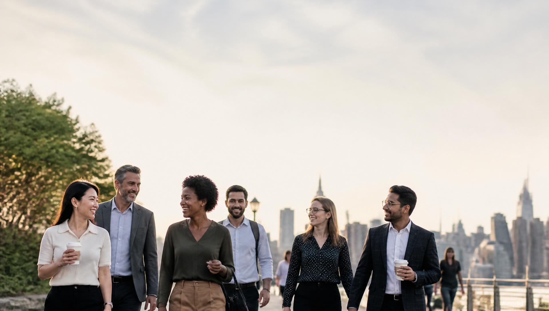 Diverse employees walking together during a workplace step challenge